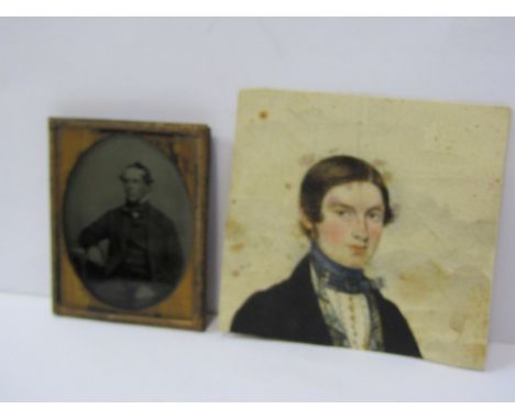 DAGUERROTYPE, "Portrait of Victorian seated Gentleman", 19th Century watercolour portrait of Young Gentleman 