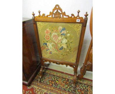 VICTORIAN NEEDLEWORK FIRESCREEN, rosewood fretwork crested glazed firescreen with attractive floral tapestry panel, 42" heigh