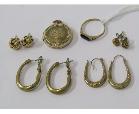 GOLD &amp; YELLOW METAL JEWELLERY, 9ct gold circular locket, 9ct gold stone set ring size M, 2 pairs of hoop earrings and 2 p