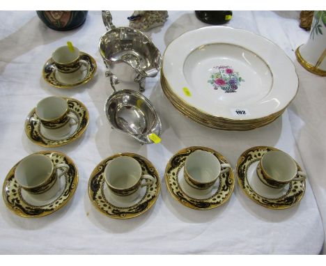 BOOTHS, set of 6 "Floral Basket" soup plates, also Grimwades "Ming" design 6 coffee cans and saucers, also 2 plated sauce boa