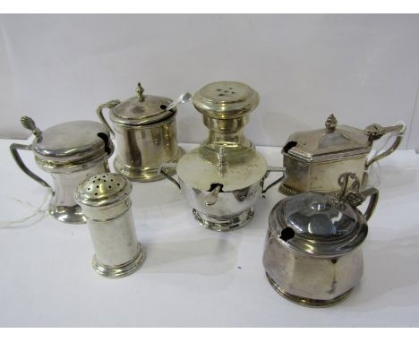 SILVER CRUETS, 7 assorted silver cruets and pepperettes, mainly 1920s &amp; 30s, various makers and dates, 6 with blue glass 