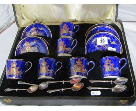 GEORGE JONES, cased set of 6 lustre "Chinoiserie" coffee cans, saucers and silver spoons 