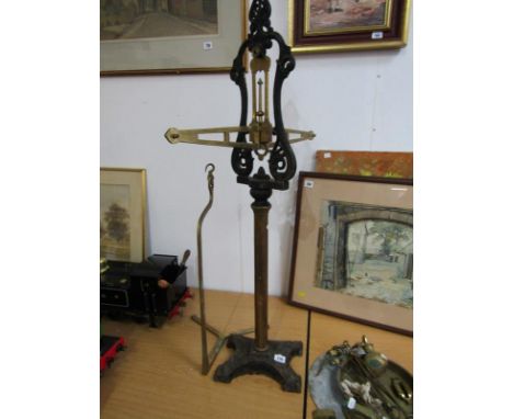 ANTIQUE BALANCE SCALES, Day &amp; Millward large counter top brass column balance scales with collection of pear drop &amp; o