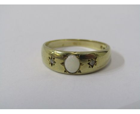 9CT YELLOW GOLD OPAL &amp; DIAMOND GYPSY RING, size N/O 