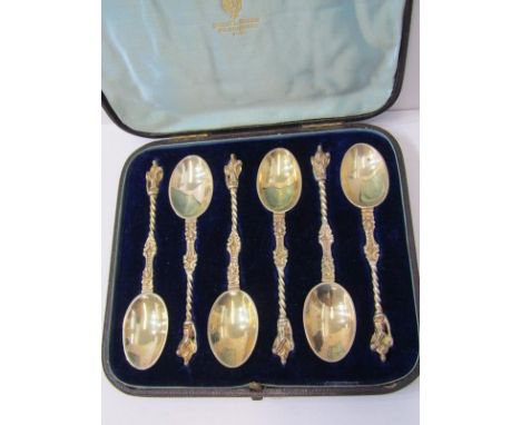 SILVER GILT APOSTLE SPOONS, set of 6 cased spoons retailled by Samuel Dickson, London HM, 149 grams 