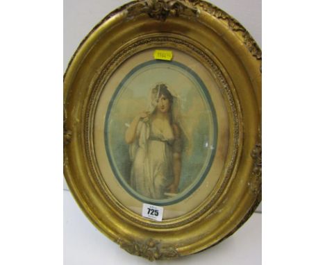 GEORGIAN STIPPLE ENGRAVING, after R Cosway, oval coloured stipple portrait in gilt frame, 8" x 6" 