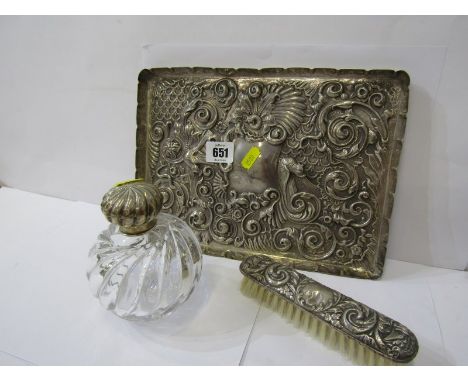 ORNATE SILVER TRAY, silver pressed tray decorated parakeets and foliage in high relief, 11" width, London 1898, 300 grams, al
