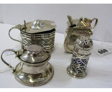 SILVER CRUETS, 3 assorted silver cruets and a silver pepperettee, 3 with blue glass liners, 1 with pierced body, various date