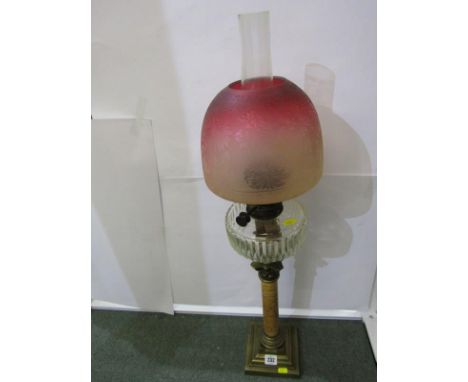 EDWARDIAN OIL LAMP, brass square base column support oil lamp with cut glass reservoir and attractive floral etched cranberry
