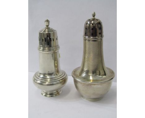 SILVER SUGAR CASTORS, 2 Art Deco sugar castors, 1 with engine turned decoration, both Birmingham HM 1937, approx 6" and 7" re