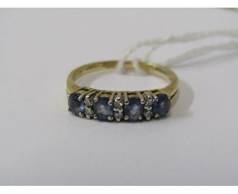 9CT YELLOW GOLD BLUE TOPAZ &amp; DIAMOND ETERNITY STYLE RING, size N 