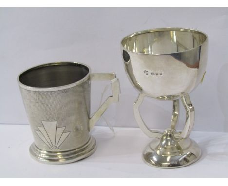 ART NOUVEAU SILVER, Art Nouveau silver bowl on 3 stemmed supports, London 1904, 4" height, together with an Art Deco engine t