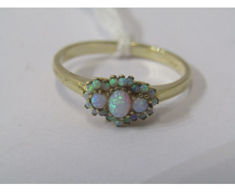 9CT YELLOW GOLD OPAL CLUSTER RING, size Q 