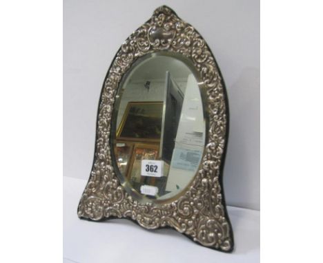 VICTORIAN SILVER EASEL MIRROR, shaped foliate framed oval bevel edged 12" mirror dated 1898