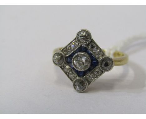 VINTAGE 18ct GOLD SAPPHIRE &amp; DIAMOND CLUSTER RING, principal old cut diamonds surrounded by French cut sapphires with fur