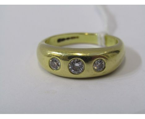 18ct YELLOW GOLD 3 STONE DIAMOND GYPSY STYLE RING, 3 bright well matched brilliant cut diamonds totalling approx 0.5ct, in 18