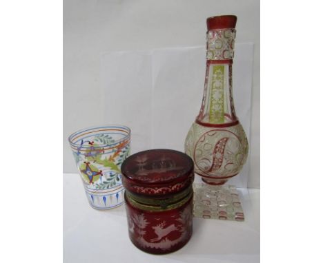 CONTINENTAL GLASSWARE, Bohemian ruby cased cylindrical lidded jar decorated with etched wild life designs, 5" height; also Du