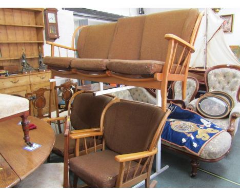 RETRO ERCOL DESIGN, 3 piece lounge suite comprising triple seater settee, rocking armchair and single armchair 