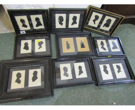SILHOUETTES, collection of 18 scissor cut portrait silhouettes framed as pairs 
