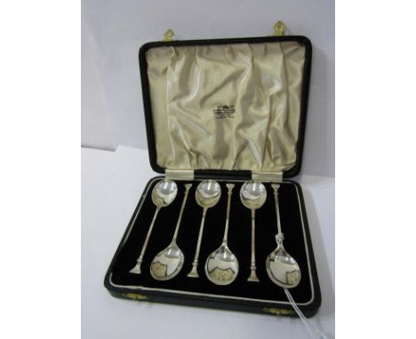 SILVER TEASPOONS, set of 6 Art Deco silver teaspoons in fitted case, Birmingham 1936, 54 grams 