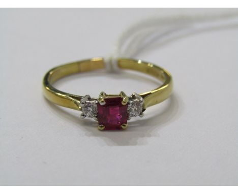 18ct YELLOW GOLD 3 STONE RUBY &amp; DIAMOND RING, principal rectangular cut ruby in 4 claw setting with accent diamond to eac