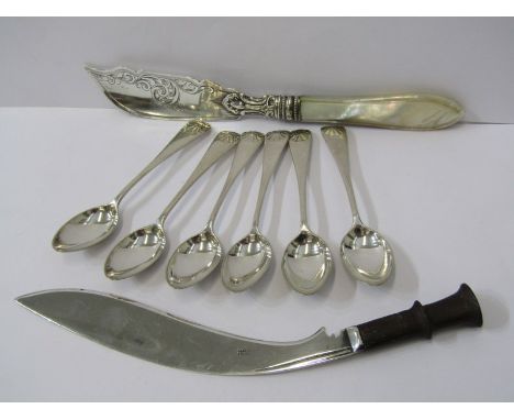 SILVER, &nbsp;Aspreys silver bladed kukri style paper knife,also a&nbsp;set of 6 Sheffield HM silver coffee spoons with shell