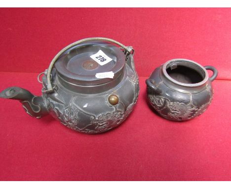 CHINESE METALWARE, pewter dragon relief decorated teapot and similar sugar bowl, with Shanghai base mark to teapot 