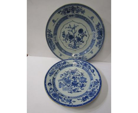 ORIENTAL CERAMICS, early 19th Century underglaze blue 11" circular plate, decorated with artists tools, surrounded by floral 