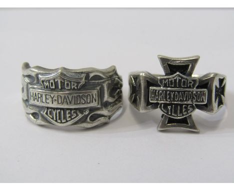 2 SILVER MARKED HARLEY DAVIDSON RINGS, 1 iron cross design the other flames, large ring size, combined weight of approx. 25gr