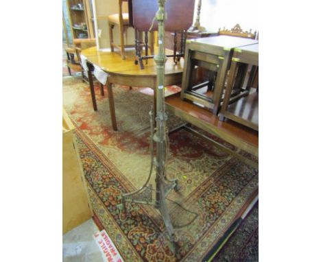 ORNATE LAMP STANDARD, brass framed adjustable lamp standard, on fluted column support &amp; tri form base with pierced foliat