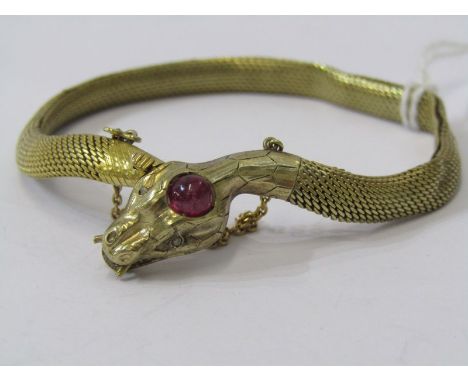 VINTAGE SERPENT STYLE BRACELET, serpent head with cabochon cut ruby on flexible mesh style body with some damage, approx 17.4
