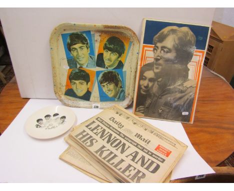 BEATLES, square metal serving tray with portrait of 4 Beatles, also Beatles tea plate and collection of newspaper articles 