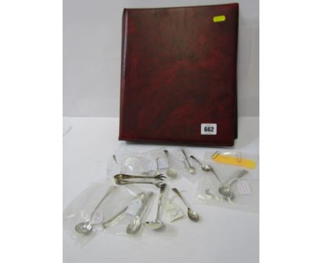 CADDY SPOONS, collection of silver mustard, coffee, tea spoons and caddy spoons in folder and lose, over 50 items 