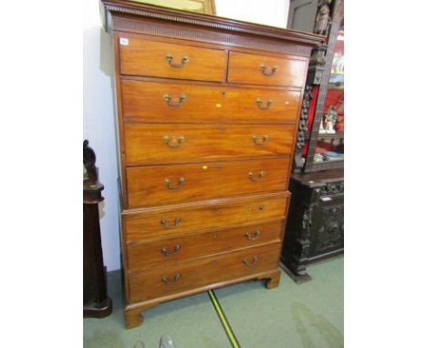 GEORGIAN MAHOGANY TALL BOY, 2 short and 6 long graduated drawers, ornate brass swan neck handles with fluted cornice and brac