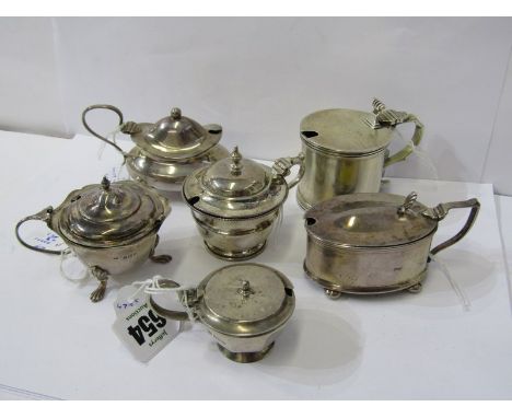 SILVER CRUETS, various silver cruets, 5 with blue glass liners, various makers, generally 1920s and 30s, approx 354 grams wei