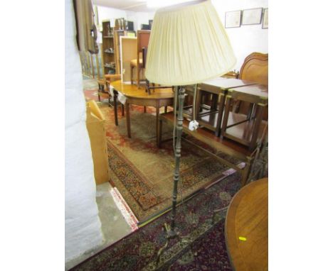BRASS STANDARD LAMP, on tripod support, 60" height approx. 