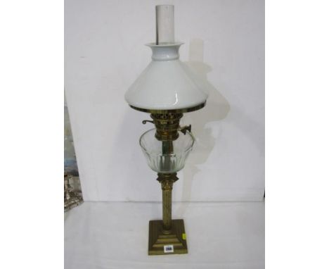 OIL LAMP, brass square base, column support cut glass reservoir oil lamp with milk glass shade 