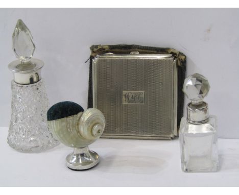 SILVER COMPACT, Art Deco design silver compact with engine turned decoration, a silver stem form pin cushion, also 2 silver c