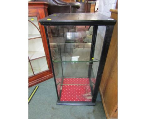 VINTAGE TABLE TOP DISPLAY CABINET, ebonised frame with 2 plate glass shelves and makers label "Vale Brothers", 36" x 18" 