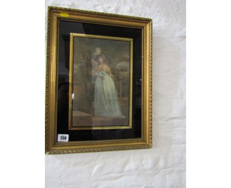 ANTIQUE COLOUR STIPPLE ENGRAVINGS, "Portrait of Ladies in blue silk dresses", verre eglomise mounts, 11" x 7" 