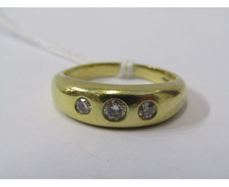 18ct YELLOW GOLD 3 STONE DIAMOND SIGNET RING/GYPSY RING, approx 7.2 grams in weight, size O/P, total diamond weight approx 0.