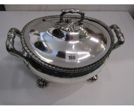 SILVERPLATE, 19th Century silver plated twin handled oval tureen with ornate feet and handle grip, 13" width 
