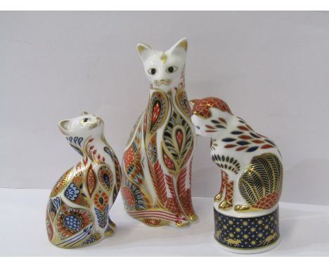 ROYAL CROWN DERBY CAT PAPERWEIGHTS, collection of 2, together with similar Royal Worcester candle snuffer "Nelson Cat" 