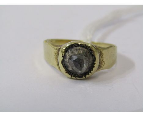 VINTAGE DIAMOND SOLITAIRE SIGNET STYLE RING, old cut diamond set in silver on high carat gold band, possibly early Georgian 