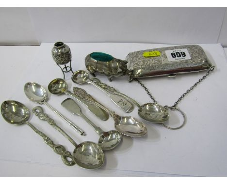 SILVER PURSE &amp; CUTLERY, silver cased purse with foliate engraved decoration, Chester HM, with leather interior, also coll