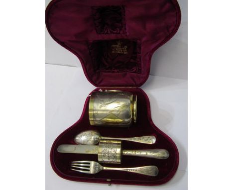 AESTHETIC CHRISTENING SET, by Mappin &amp; Webb with typical bird and floral decoration, comprising a silver gilt tankard wit