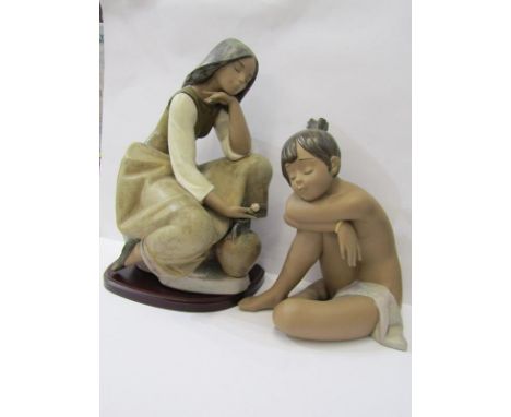 LLADRO, large brown glazed figure "Seated Girl with Pitcher", model no 3525, 14" height and similar Lladro figure, "Dozing Na