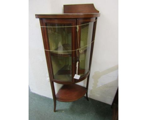 EDWARDIAN INLAID MAHOGANY CORNER DISPLAY CABINET, twin glazed bow fronted doors with open shelf base, 46" height 