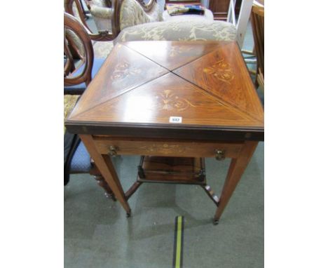 EDWARDIAN ROSEWOOD MARQUETRY ENVELOPE TOP CARD TABLE, galleried shelf base, 22" width 