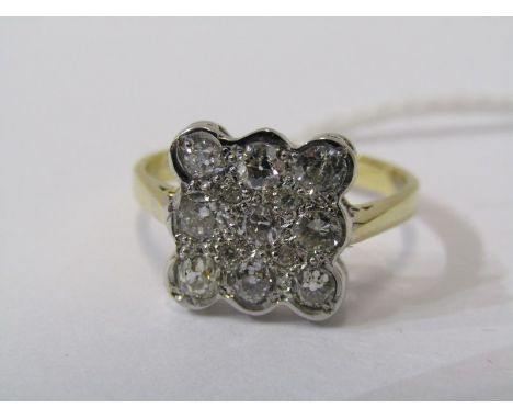 18CT YELLOW GOLD VINTAGE DIAMOND CLUSTER RING, of square form, size M/N, total diamond weight approx. 1ct, 9 well matched bri